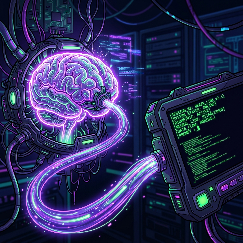 The Neuralink between LLM and CLI Circuit brain connected to a terminal prompt screen