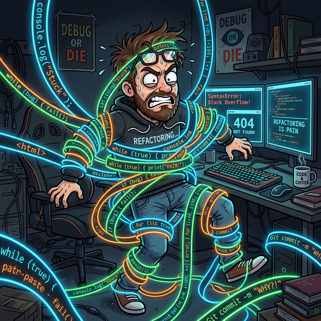 The Copy-Paste Struggle is Real Frustrated developer tangled in copy-paste strings of code