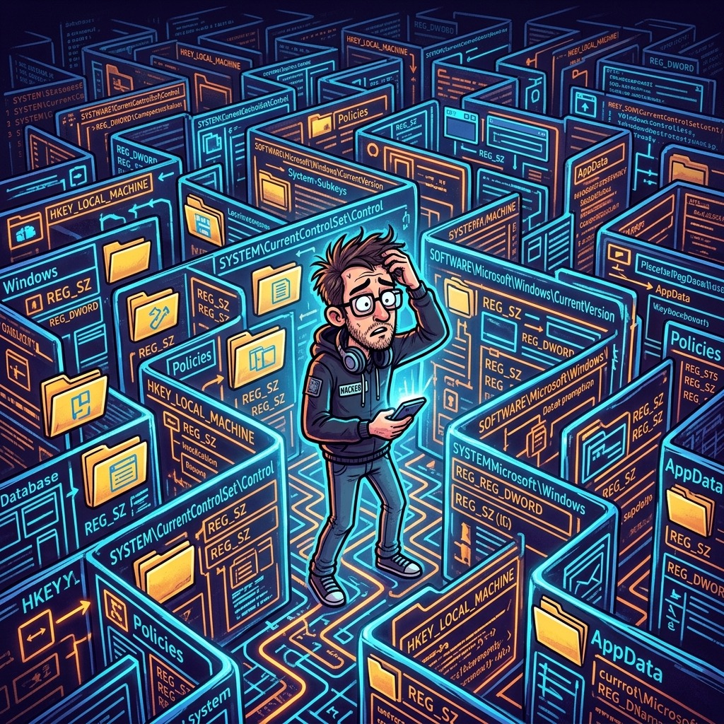 Navigating OS Deep Link Settings Confused developer navigating a maze of Windows registry keys