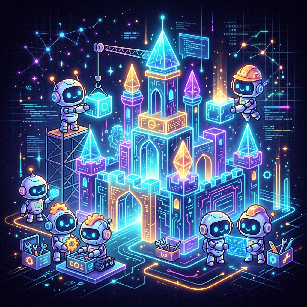 A Team of Tiny AI Builders Tiny glowing robot builders building a digital castle in cyberspace