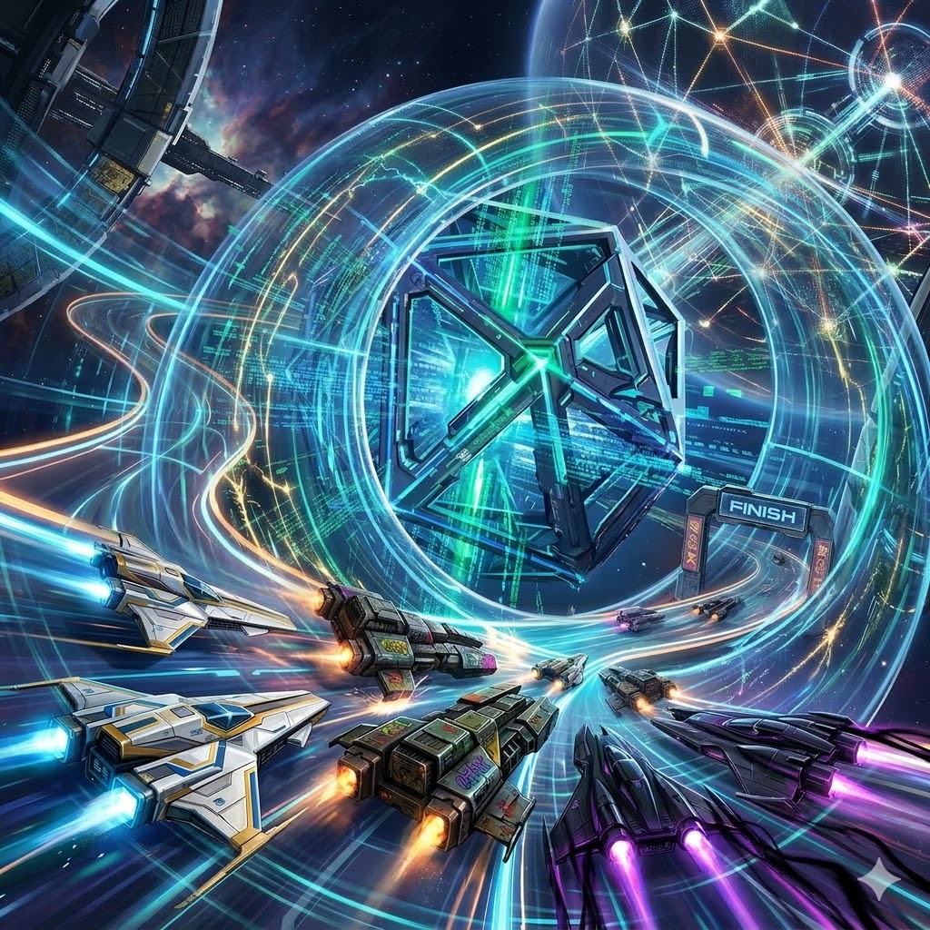 Axis Rush main menu showing a futuristic racing craft on a cylindrical track