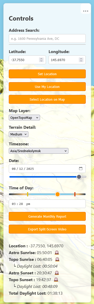 Peakylight Controls Peakylight controls panel showing time and date sliders