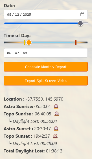 Astro vs. Topo Sunrise Data Screenshot of the Astro vs. Topo sunrise/sunset data in Peakylight